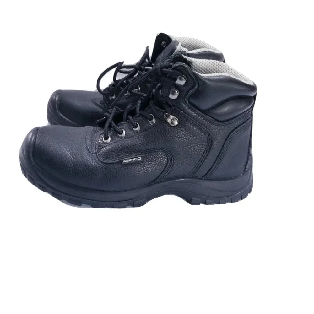 Zanco Black Pebbled Genuine Leather Lace Up Steel Toe Boots Men Size 9.5